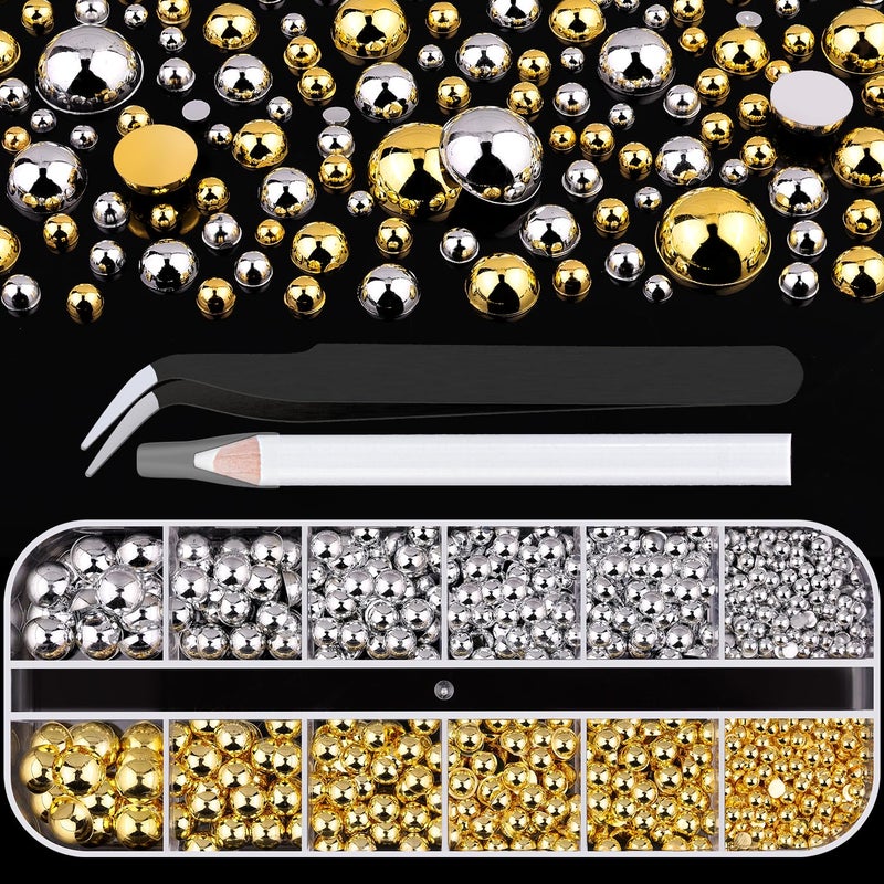 BELLEBOOST Flat Back Pearls Kits, Flatback Half Round Silver Gold Pearls for Bedazzling with Pickup Pencil and Tweezers for Crafting Home DIY and Professional Nail Art, Face Makeup and Craft - Image 1